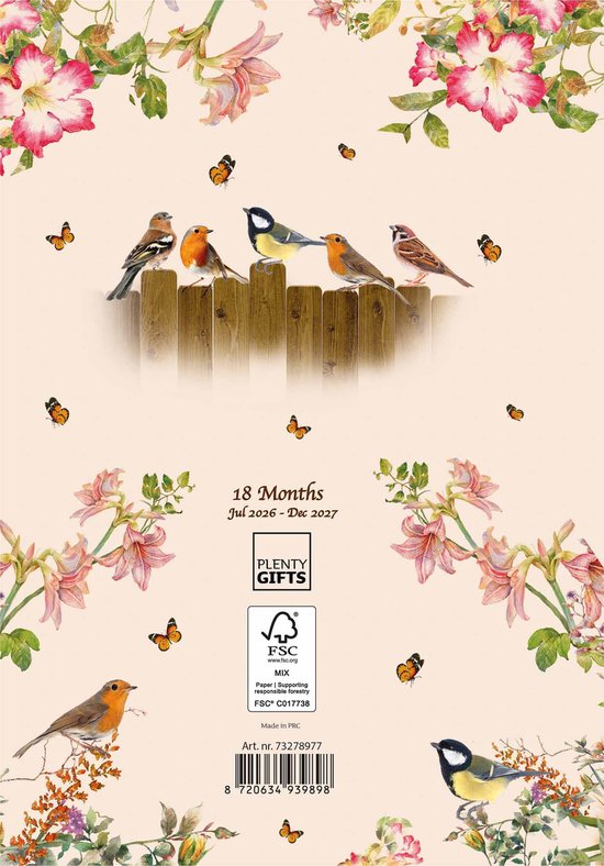 Agenda met bloemen en vogels, met FSC-logo en de tekst "Jul 2026 - Dec 2027 18 Months".