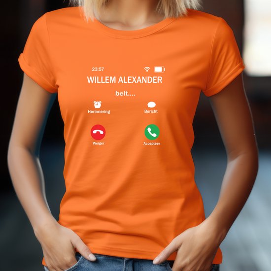 Oranje Dames T-shirt-Koningsdag T-shirt maat XXL- Aansluitend model T-shirt - Willem Alexander belt- oranje T-shirt