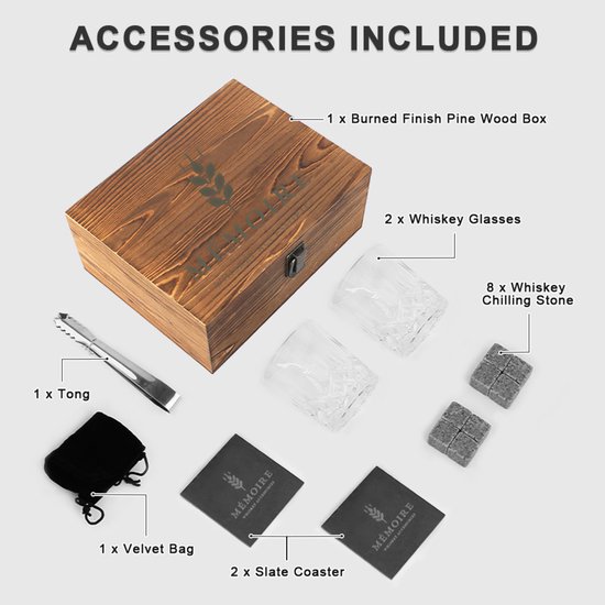 Whiskey set inclusief houten kist, twee glazen, acht whiskeystenen, tang, velours zakje en twee slate onderzetters.