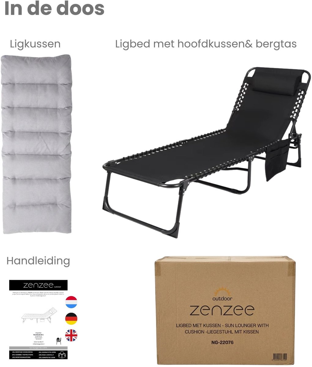 sleepling Ligkussen tuinligstoel 2-delig set, Comfortabele ligbed opvulling, kussens voor zonnebank 190x58 cm, 6 cm dik, bevestigingsbanden, wasbaar, antraciet grijs