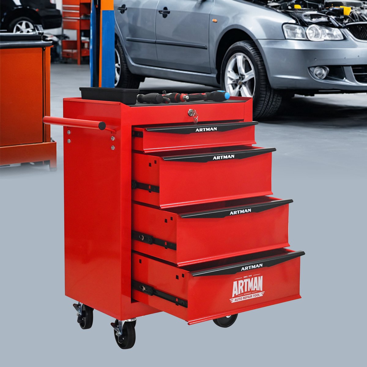 Gereedschapskar Met 4 Lades - Mobiele Stalen Gereedschapskast Met Slot En Zwenkwielen - Voor Werkplaats En Garage - Rood Zwart - 52,5x33x77,5 Cm