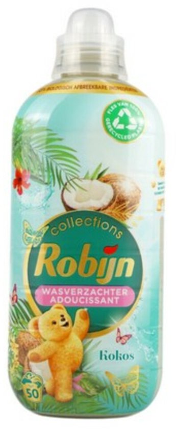 Adoucissant Robijn Collections Kokos Sensation avec un ours en peluche, une noix de coco, des feuilles de palmier et des papillons. 50 lavages.