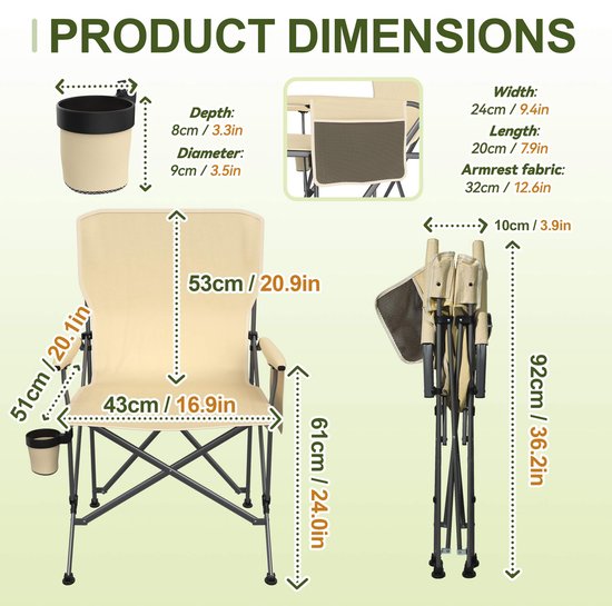 Draagbare Campingstoel - Met Bekerhouder & Zijvak - Opvouwbare Visstoel & Picknickstoel - Stevig Stalen Frame 100kg - Creme van Merkloos — afbeelding 3