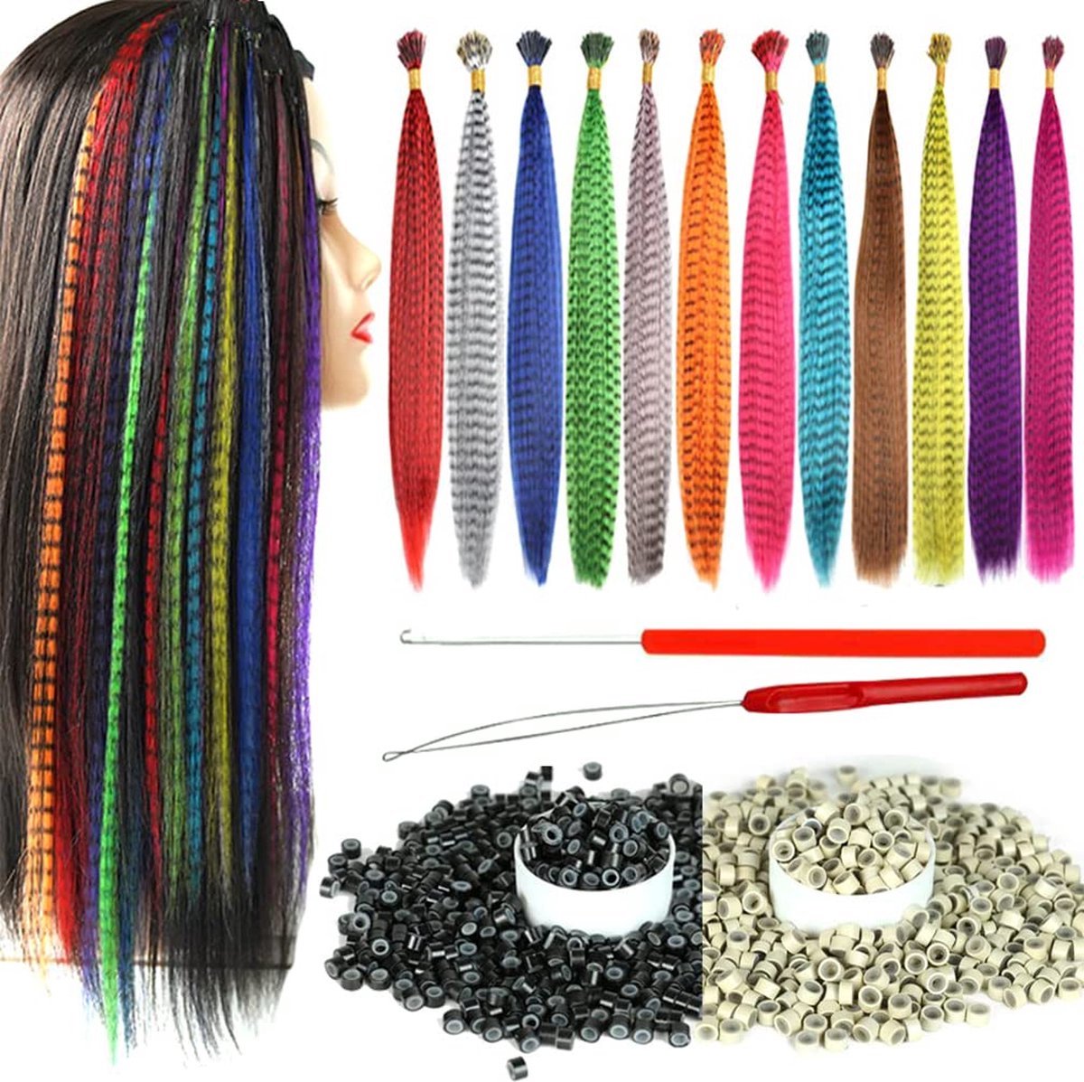 100 regenboogkleurige grizzly haarextensies 42 cm lang DIY hanenkapselset met 100 miniatuur verbindingskralen geen echte veren opvallende bohemian stijl