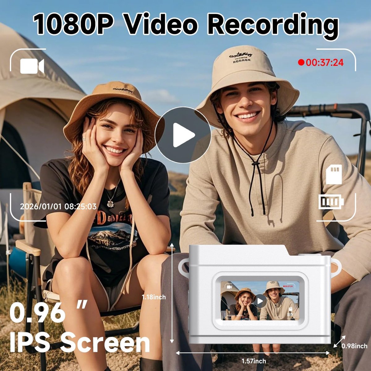 Mini Digitale Camera - 12MP 1080P FHD - Retro Fototoestel - 32GB - Wit - Compacte Pocket Camera - Vintage Digitale Camera - Kindercamera - Kleine Videocamera - Sleutelhanger Camera - Inclusief SD-kaart & Lanyard - Mini Camcorder thumbnail 2