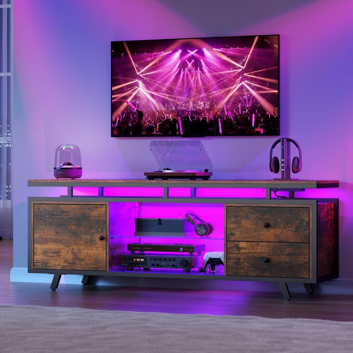 TV meubel 144x34x52,5 cm – LED lowboard met stopcontact, USB & glazen planken – TV kast met laden en kasten voor 65 inch – RGB verlichting – Urbanhome
