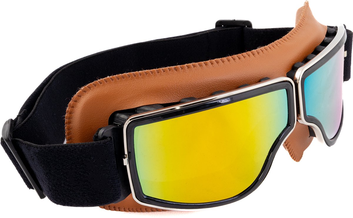 KIMU® Goggles Motorbril Skibril - Bril Cognacbruin Montuur - Oranje Spiegelglazen - Leatherlook Pilotenbril Vintage Motor Retro Steampunk Lederen Heren Festival