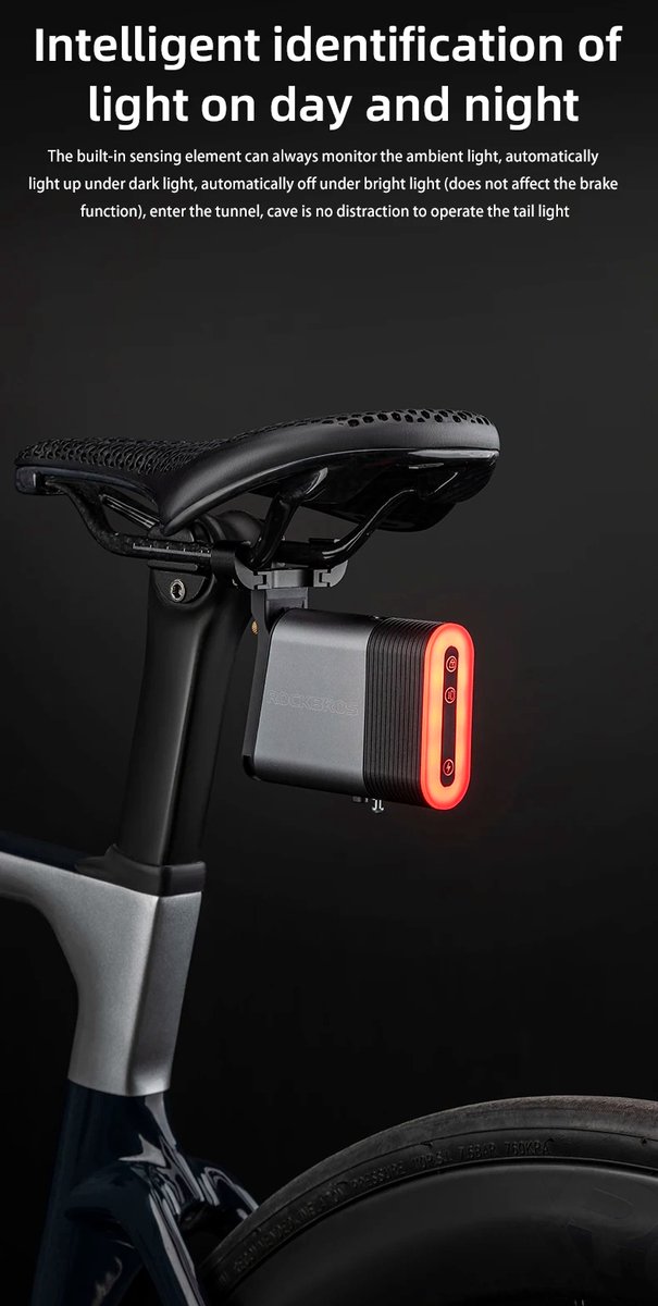 ROCKBROS Slim fietsachterlicht met slot - geïntegreerd kabelslot - USB-C oplaadbaar - IPX6 waterdicht - 5 standen - voor racefiets, e-bike, step - zwart — afbeelding 2