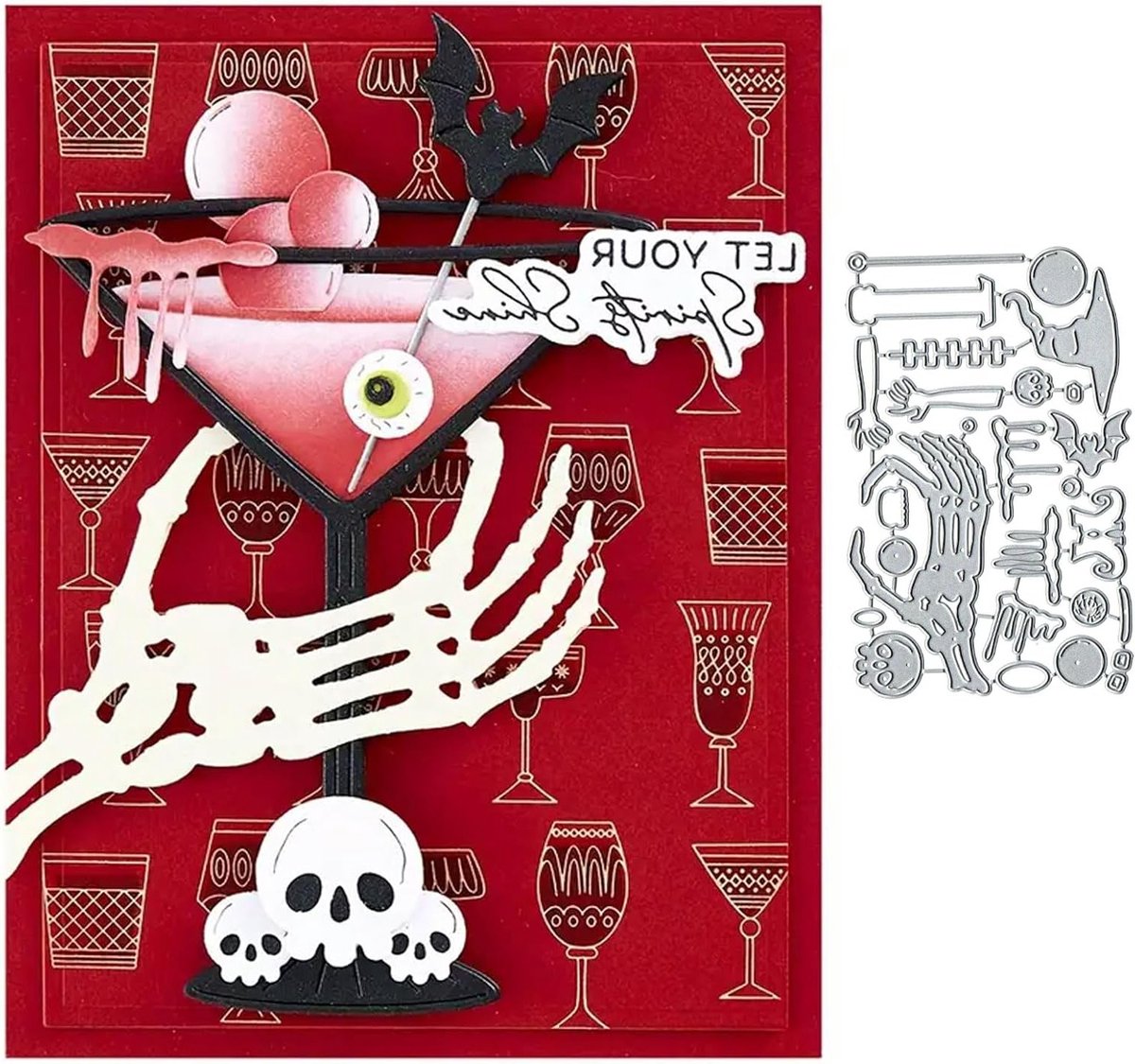 Kerstkaart met Skull en Cocktailglas, Metalen Stans, Zonnebloem en Blad Snijmallen voor DIY Scrapbooking en Kaartenmaken
