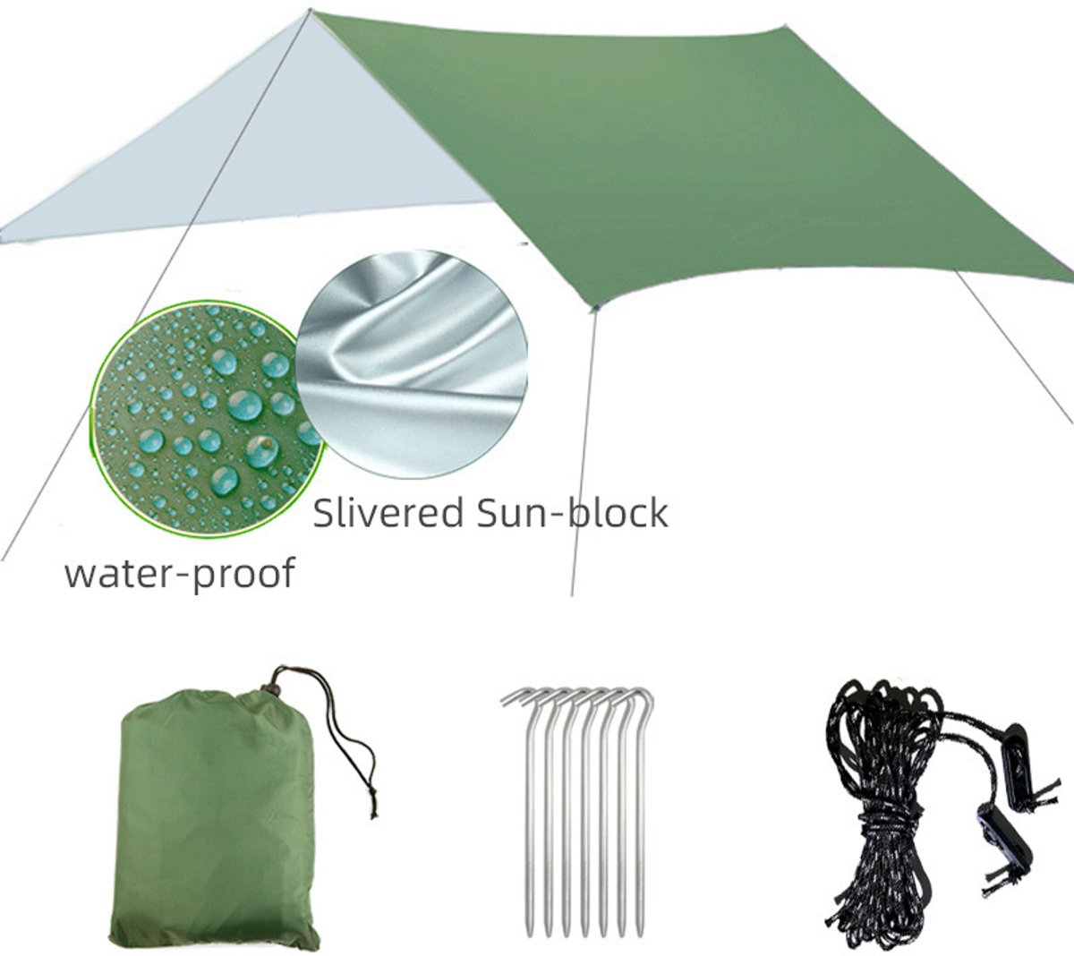 Buitentent met zonnescherm - Campingluifel - Tentdoek - Buitenzeil - Waterdicht grondzeil - Multifunctioneel - Geschikt voor buitenactiviteiten zoals kamperen en wandelen - 300 cm x 300 cm - Groen