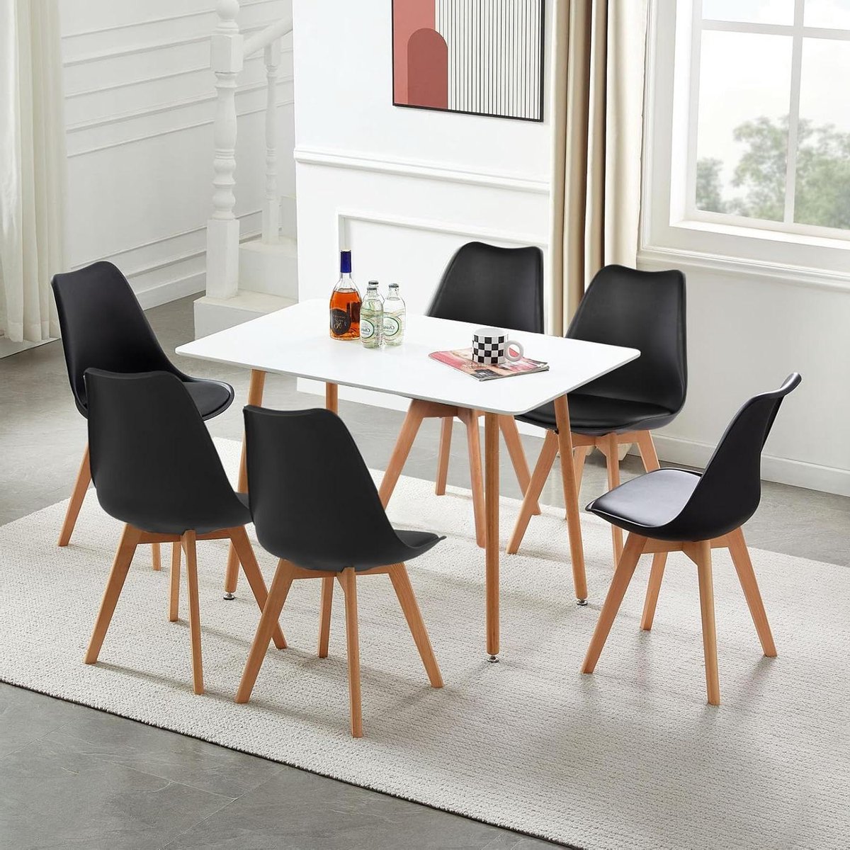Eettafel met 6 stoelen - Eetkamerset - Samen eten - Modern design - 110 cm - Wit met zwart