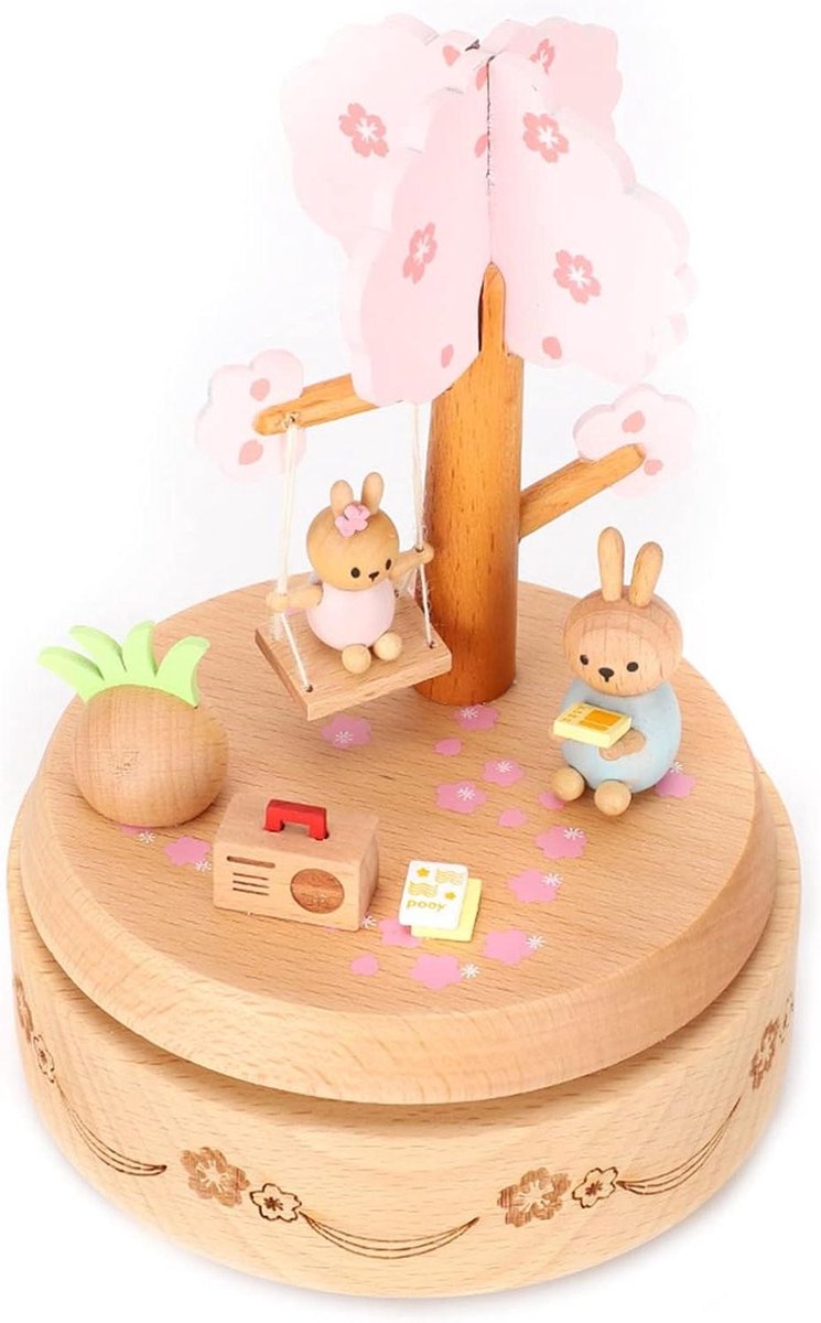 Muziekdoos Konijn - Houten Decoratie - Cadeau Geven - Puur Handgemaakt - 16 cm - Houtkleur