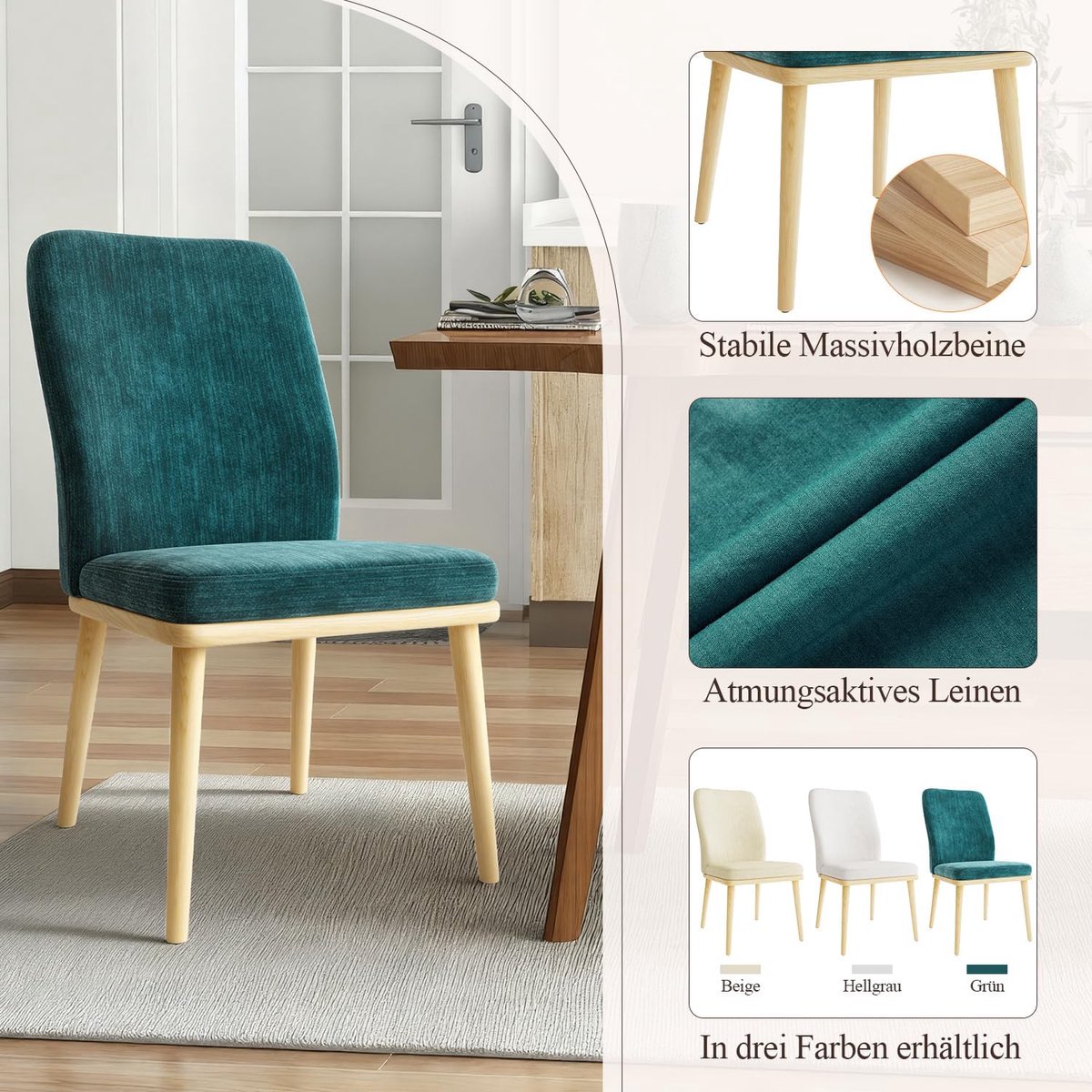 Luxe Comfort Eetkamerstoelen Set van 2 Groen – Gestoffeerde Design Keukenstoelen met Hoge Rugleuning, Ergonomisch Zitcomfort, Massief Houten Poten, 65 x 51,5 x 91,8 cm