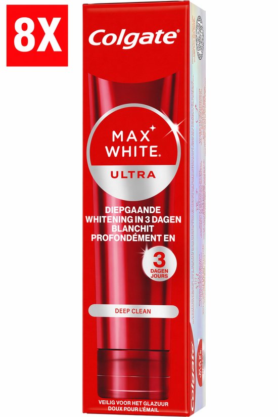 8x Dentifrice Colgate Max White Ultra avec le texte 'Blanchit profondément en 3 jours'.
