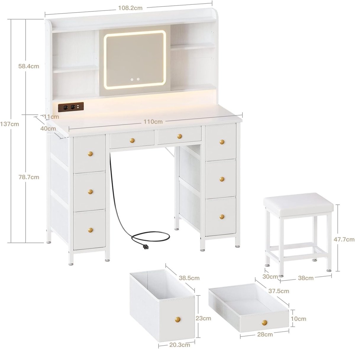 Make-uptafel met LED-spiegel, RGB verlichting en USB stopcontact – ABTkantoor Luxe Vanity Tafel 110 cm Wit – 8 laden, kruk, modern design, slaapkamer kaptafel