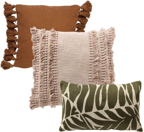 Dutch Decor - KUSSENSET - 3-delig - Desert Leaves - 45x45 cm, 30x50 cm - Inclusief binnenkussens - groen, beige, bruin - Met Ritssluiting – Decoratie Kussens - Comfortabele kussentjes voor op de Bank