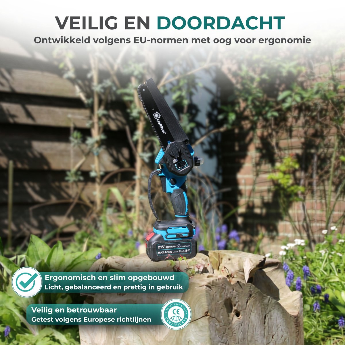 CraftRoot Elektrische Mini Kettingzaag - Draadloze Compacte Kettingzaag met Automatische Kettingsmering - Handkettingzaag - Snoeizaag - Takkenzaag - 2x 4.0Ah Accu's - Opberg Koffer - Brushless – foto 6