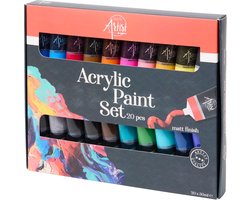 Artist Acrylverf Set – 20 x 30 ml – Professionele Acrylverf – Heldere Kleuren – Voor Canvas, Papier & Hout