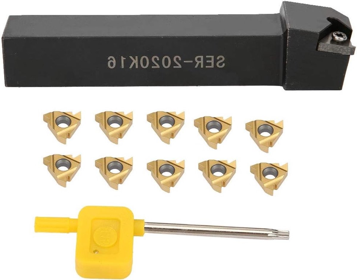 CNC Draaibank Gereedschap Set voor Draad Snijden en Boren, 10 Stuks 16ER AG60 Snij-inzet + SER2020K16 Draaibank Houder + 1 Stuk Sleutel voor Precisie Bewerking
