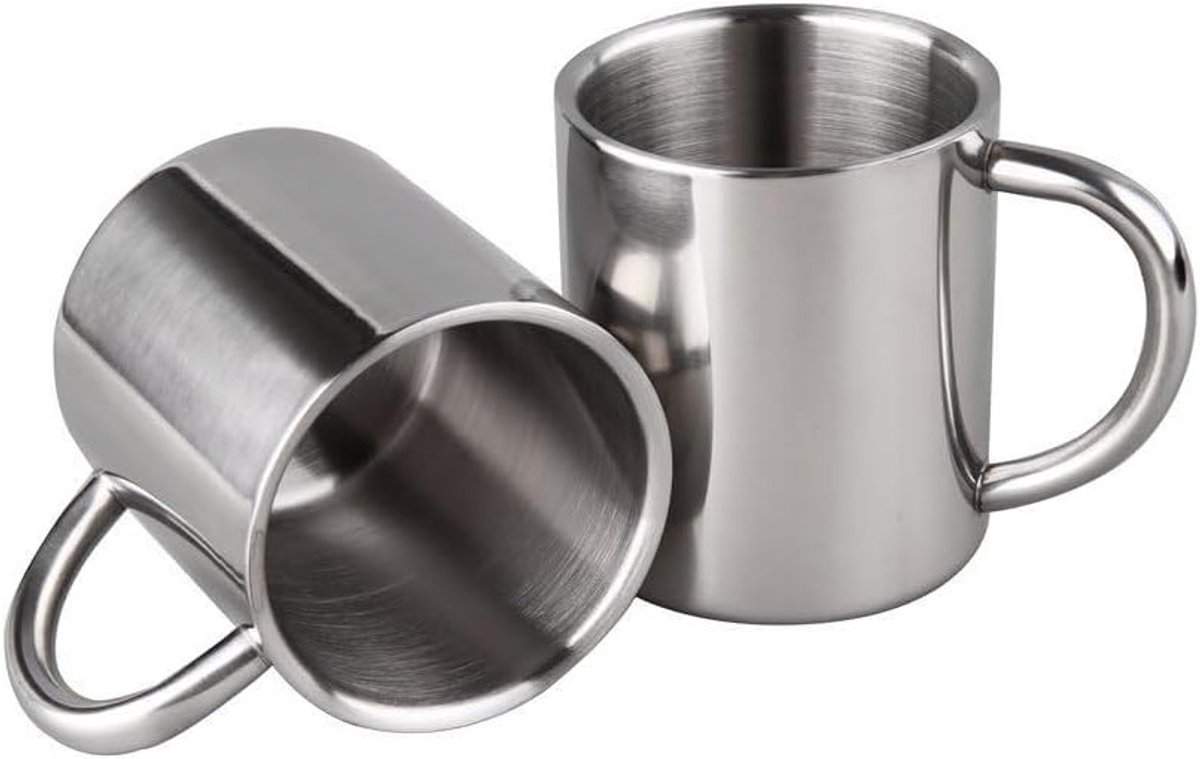 Set van 2 RVS Koffiekopjes met Handvat - Dubbelwandige Isolerende Bekers voor Camping en Reizen, Houdt Dranken Warm of Koud, Ideaal voor Koffie en Thee