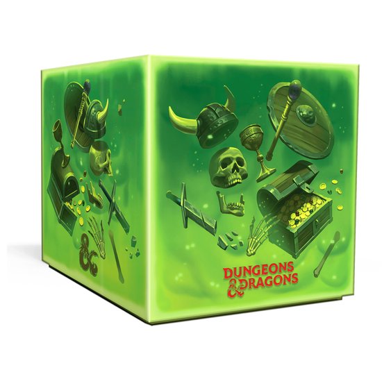 Een groen doorschijnende kubus met Dungeons & Dragons logo, met afbeeldingen van helmen, schedels, wapens en een schatkist vol goud.