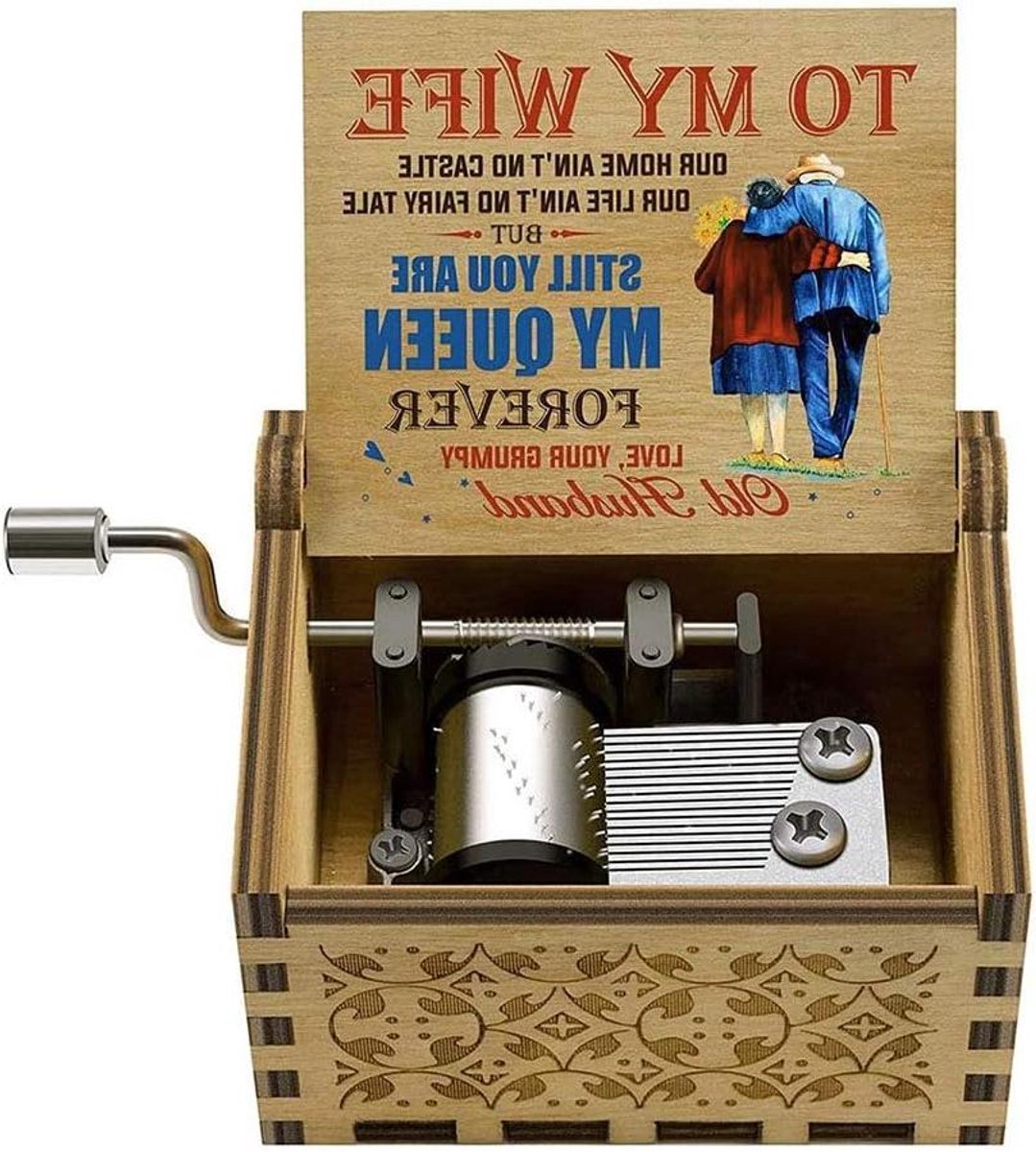Muziekdoos Hout - Hand Crank Doos - Romantisch Cadeau - Gegraveerde Liefdescitaten - 65x53x43 cm - Houtkleur