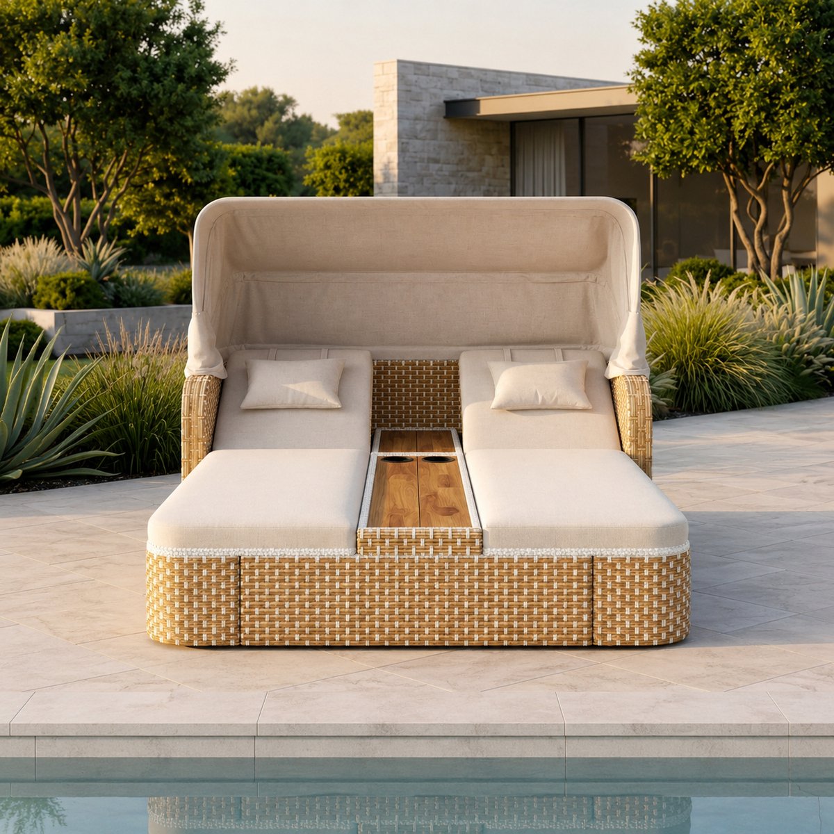 Luxe Rotan Zonnebed voor 2 Personen met Opvouwbaar Zonnedak - Dubbel Ligeiland van PE-Rotan met Kussens & Bekerhouders - Moderne Loungeset voor Tuin, Balkon & Terras - Beige Industrohome