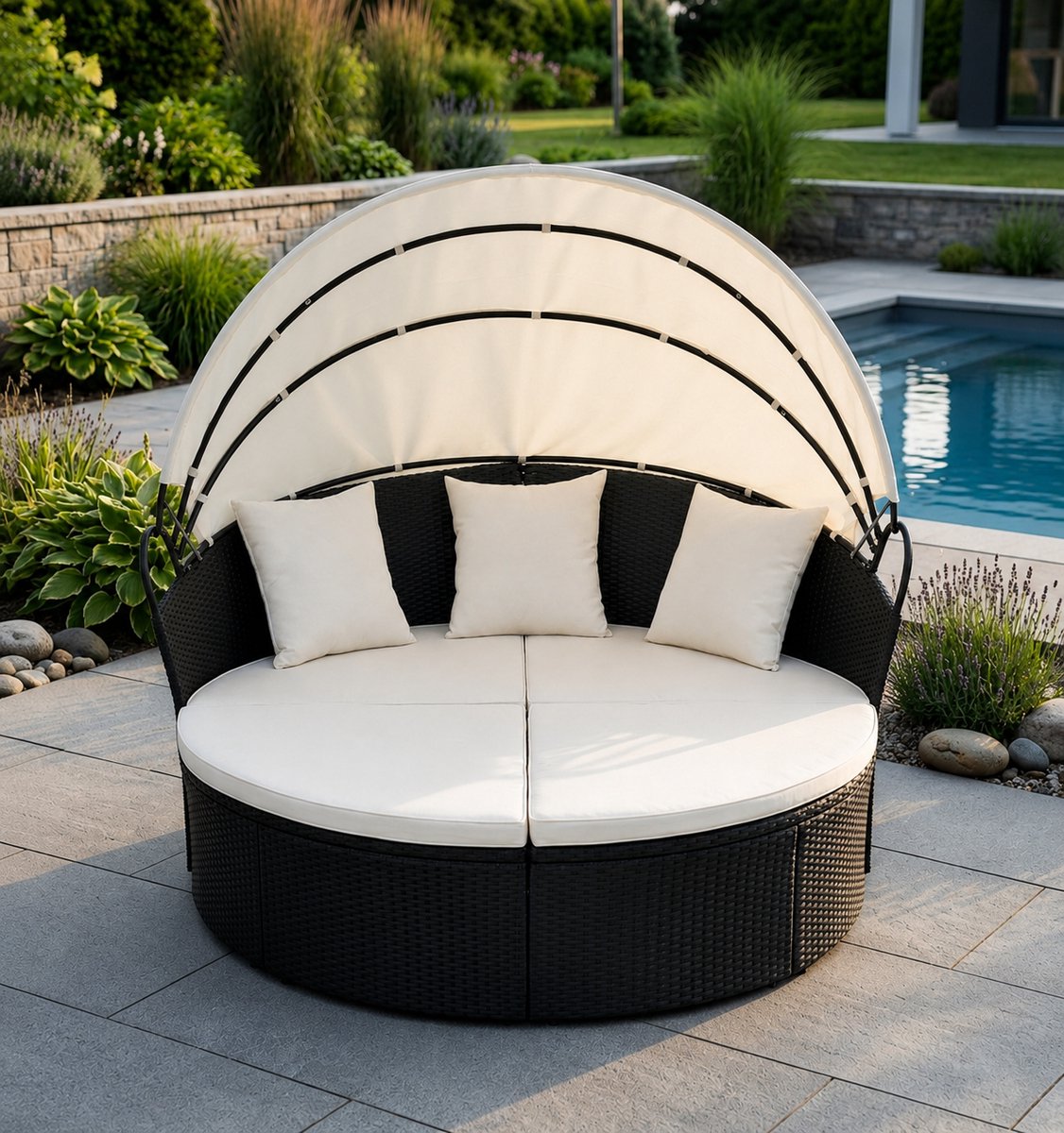 Luxe Rotan Zonne-eiland 2-Persoons met Verstelbaar Dak – Tuin Lounge Ligbed met Dikke Kussens, Weerbestendig PE Rotan, Comfortabel Outdoor Daybed voor Tuin, Terras en Zwembad Industrohome
