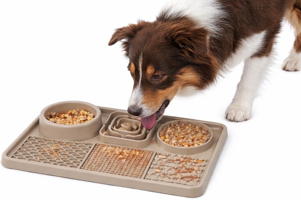 Likmat hond - likmat kat - anti schrok likmat - Pengu Rechthoekig Taupe - 2 in 1 voer- en snackmat - silicone met zuignappen - 30,5x20,5cm