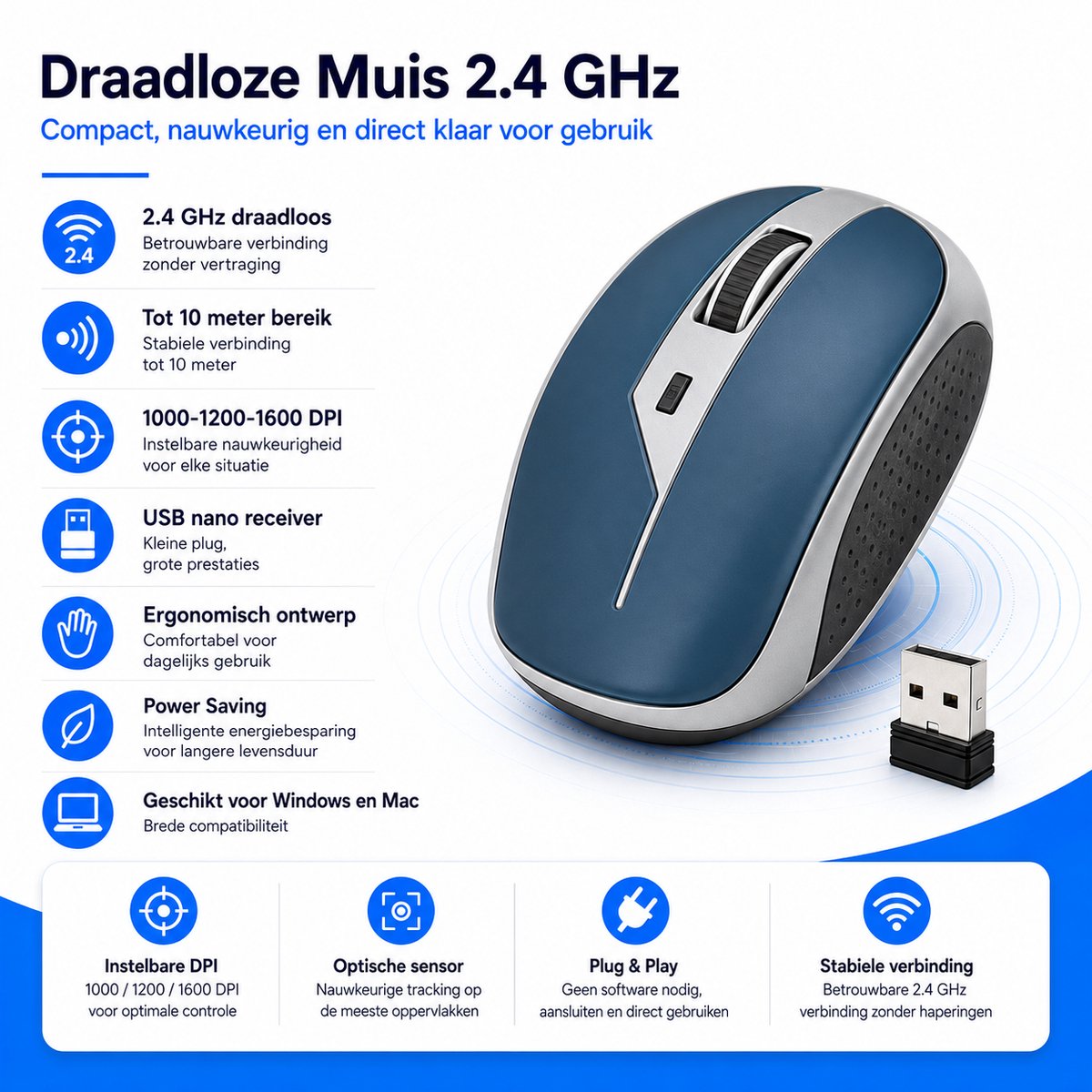 Draadloze Muis 2.4 GHz – Ergonomische USB Muis met Nano Receiver – 1000-1200-1600 DPI – Voor Laptop, PC, Windows en Mac – BlauwZilver thumbnail 4
