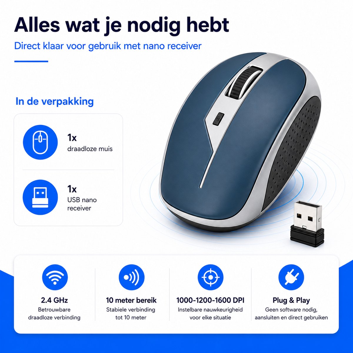 Draadloze Muis 2.4 GHz – Ergonomische USB Muis met Nano Receiver – 1000-1200-1600 DPI – Voor Laptop, PC, Windows en Mac – BlauwZilver thumbnail 6