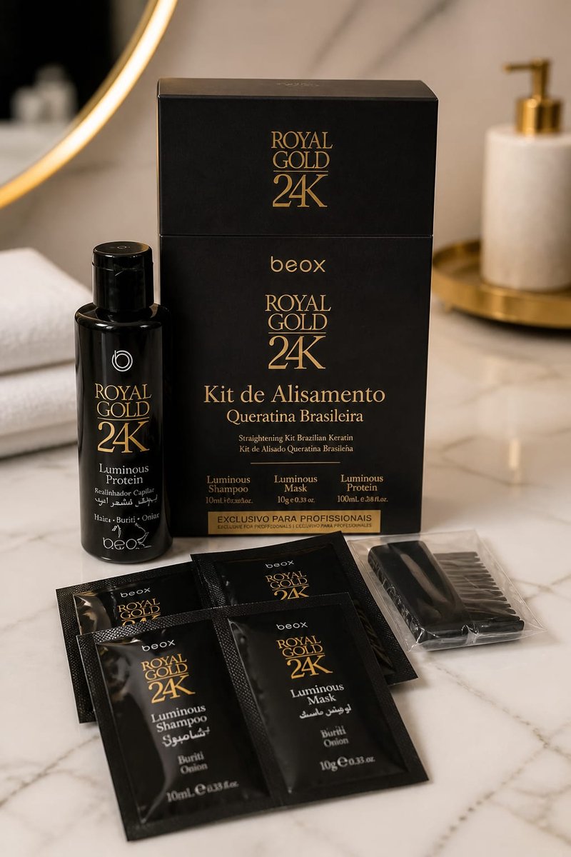 Beox ROYAL GOLD 24K Kit de Alisamento Queratina Brasileira ( Luminous Shampoo 10mL ℮ 0,33 fl.oz + Luminous Mask 10g ℮ 0,35 oz + Luminous Protein 100mL ℮ 3,38 fl.oz