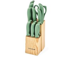 KitchenCraft Knife Block Set | 7 Knives | 6 Steak Knives | Shears | Green