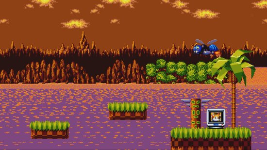 Een bij-achtig wezen vliegt boven een grasvlakte met palmbomen en een televisiescherm waarop Sonic staat.