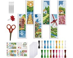 FREEBLOSS 6 stuks kruissteek bladwijzers kit 11 CT landelijke scène kruissteek complete set bladwijzers DIY volwassenen beginners met instructies, 6 x 20 cm