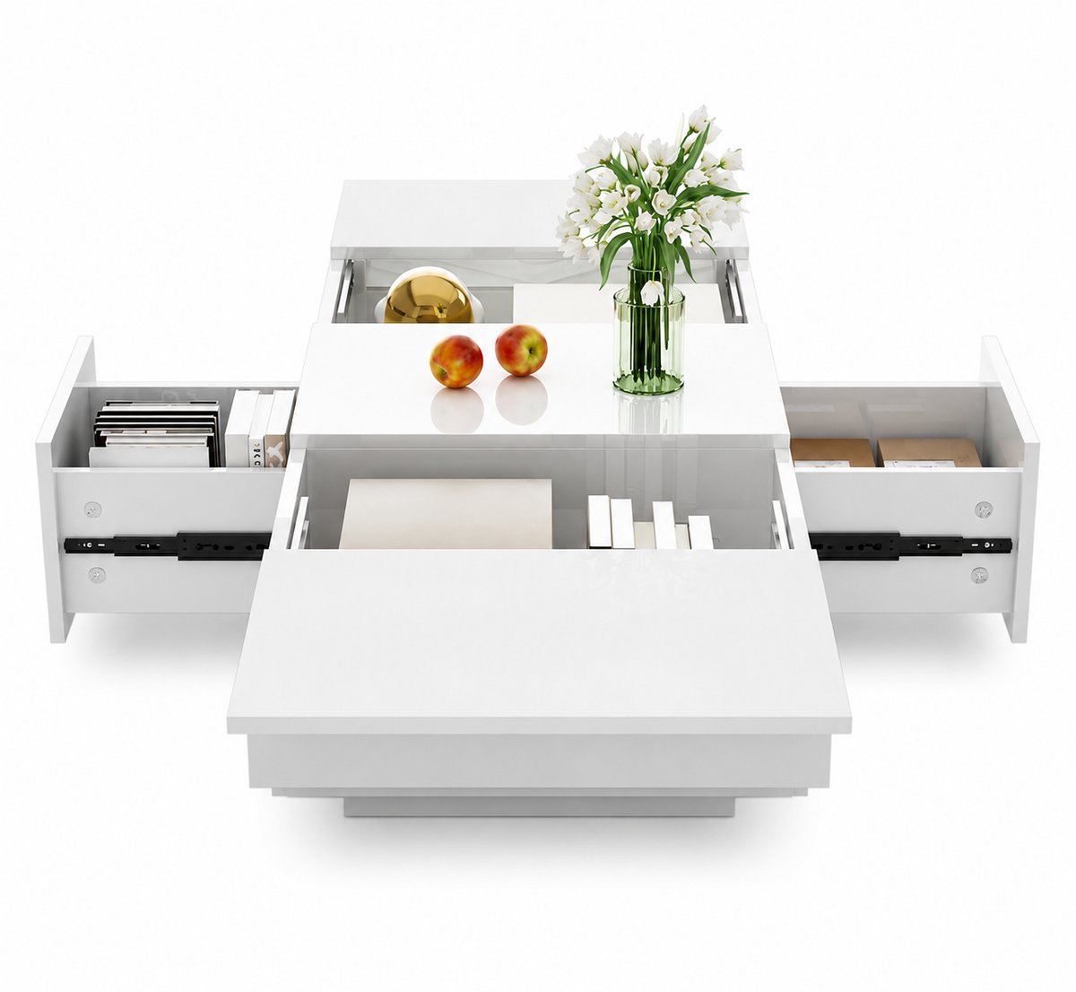 CINK Home® – Moderne Hoogglans Salontafel – 100×50×31 cm – Push-Pull Opbergvakken – Rechthoekig – Wit