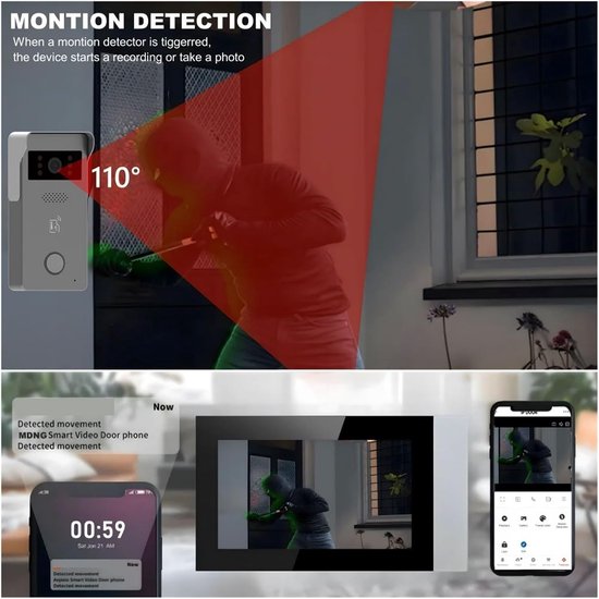 Ring Deurbel - Video Intercom - Huis Beveiligen - 1080P HD Camera - 7 inch Touchscreen - Zwart — afbeelding 2