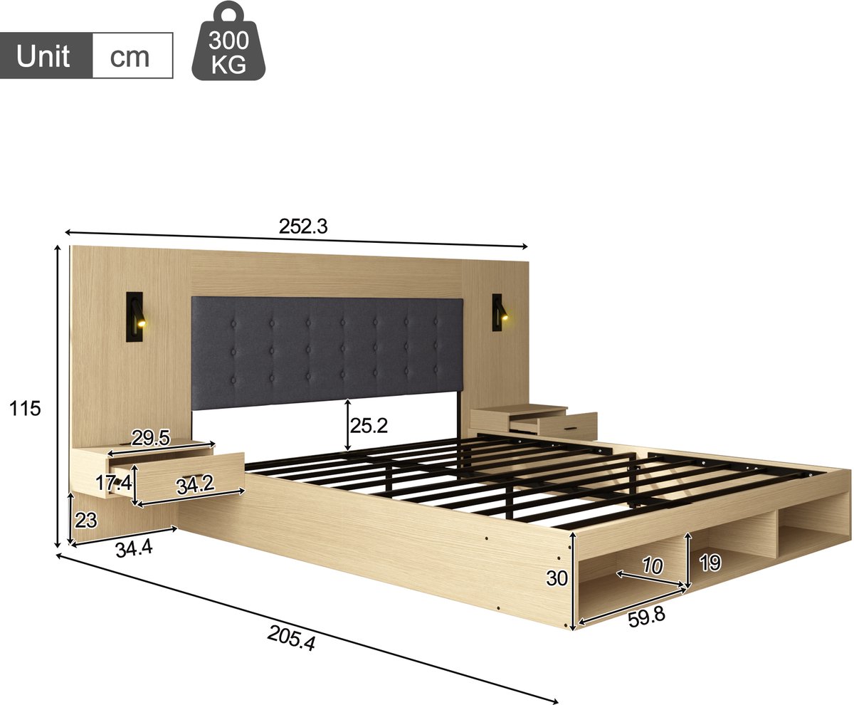 MODENUIT Tweepersoonsbed 180x200cm – Zonder matras – Met USB-C, leeslampen en opbergruimte – 2 nachtkastjes – MDF – Licht eiken Lichte Eik