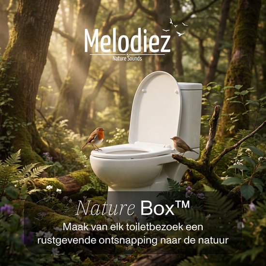 Melodiez Vogelhuisje Met Geluid - Box Incl. Batterijen en 5 Natuurlijke Vogel, Oceaan en Jungle geluiden - Vogelgeluiden Huisje Voor op Toilet - Vogelgeluiden Huisje met Sensor - Walnoot
