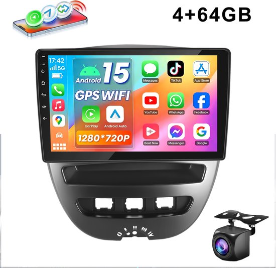 ESSGOO Autoradio - Geschikt voor Peugeot 107, Toyota Aygo & Citroen C1 - Android 15 - 4+64GB - Apple Carplay & Android Auto (Draadloos) - 10.1 Inch HD IPS Touchscreen - Bluetooth - GPS Navigatiesysteem -Wifi, SWC - Achteruitrijcamera