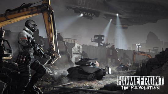 Soldaat met gasmasker en geweer naast een graafmachine in Homefront The Revolution.