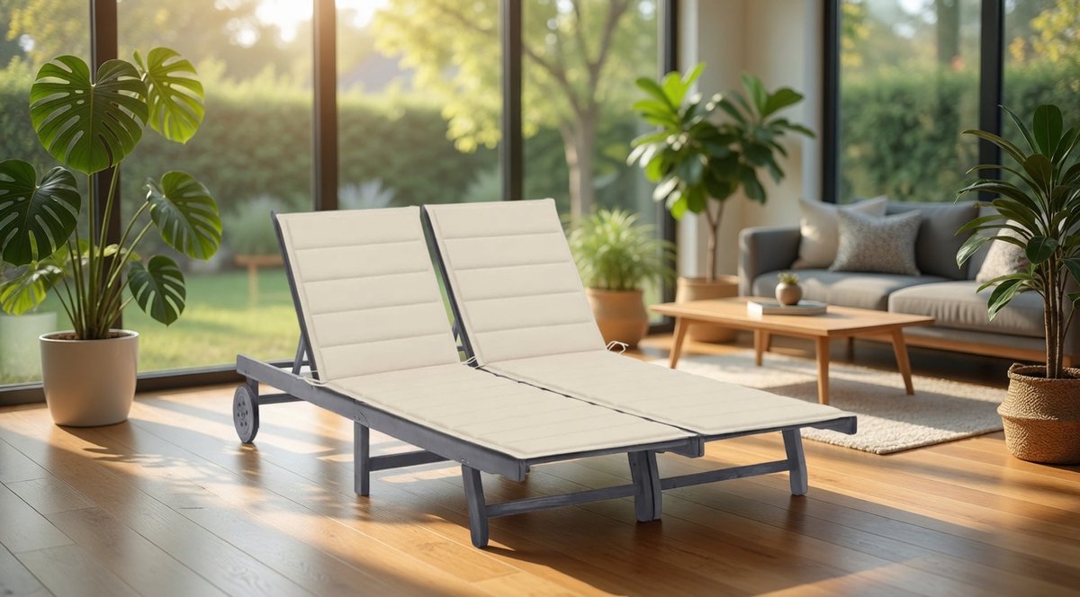 2-Person Sun Lounger with Cushion, Grey, Acacia Wood, Outdoor Solar Island with Roof, Garden Lounger, Island, Garden Furniture - Industrohome