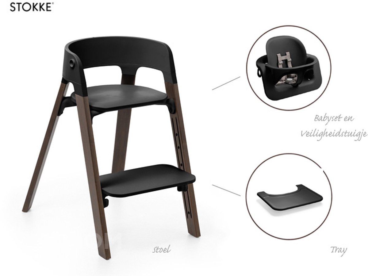 Stokke Steps Kinderstoel - Bundel met babyset, veiligheidstuigje en tray - Black/Warm Brown
