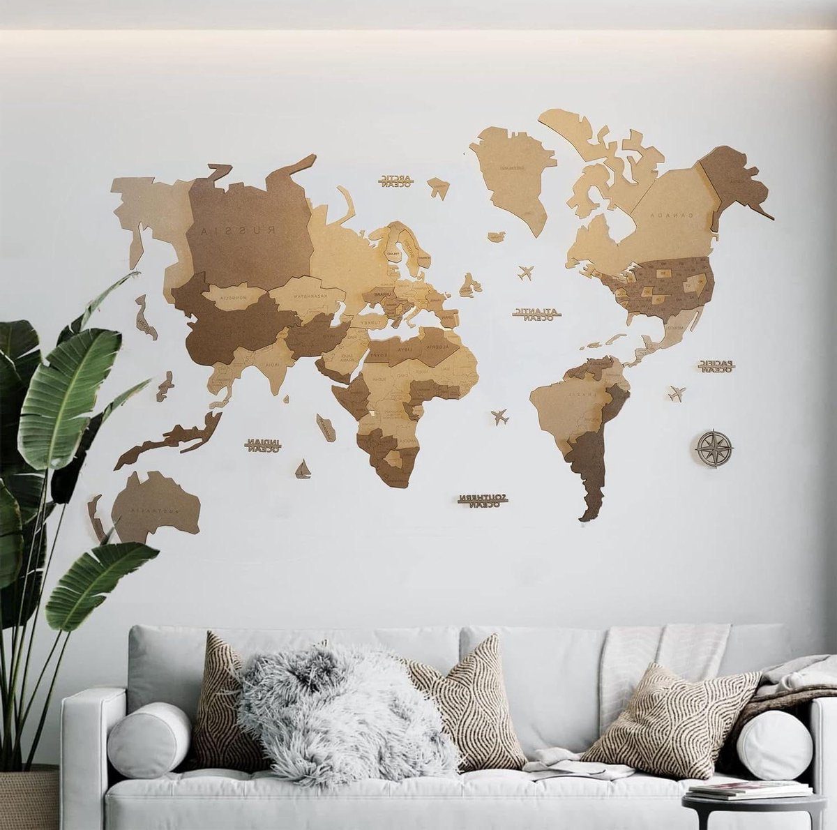 Houten Wereldkaart - 3D Wanddecoratie - Woonkamer Aankleden - Meerlaags Design - 100 x 60 cm - Tweekleurig