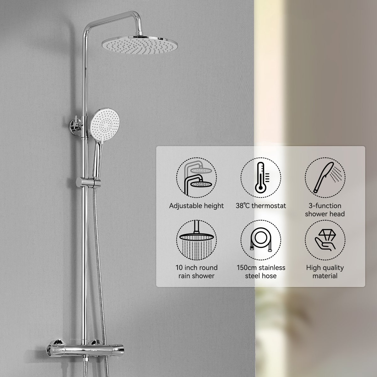 CECIPA max Regendouche met Thermostaatkraan - Douchesysteem - 10 inch Douchekop - 3-functie handdouche - Doucheset - Waterbesparend - Chroom