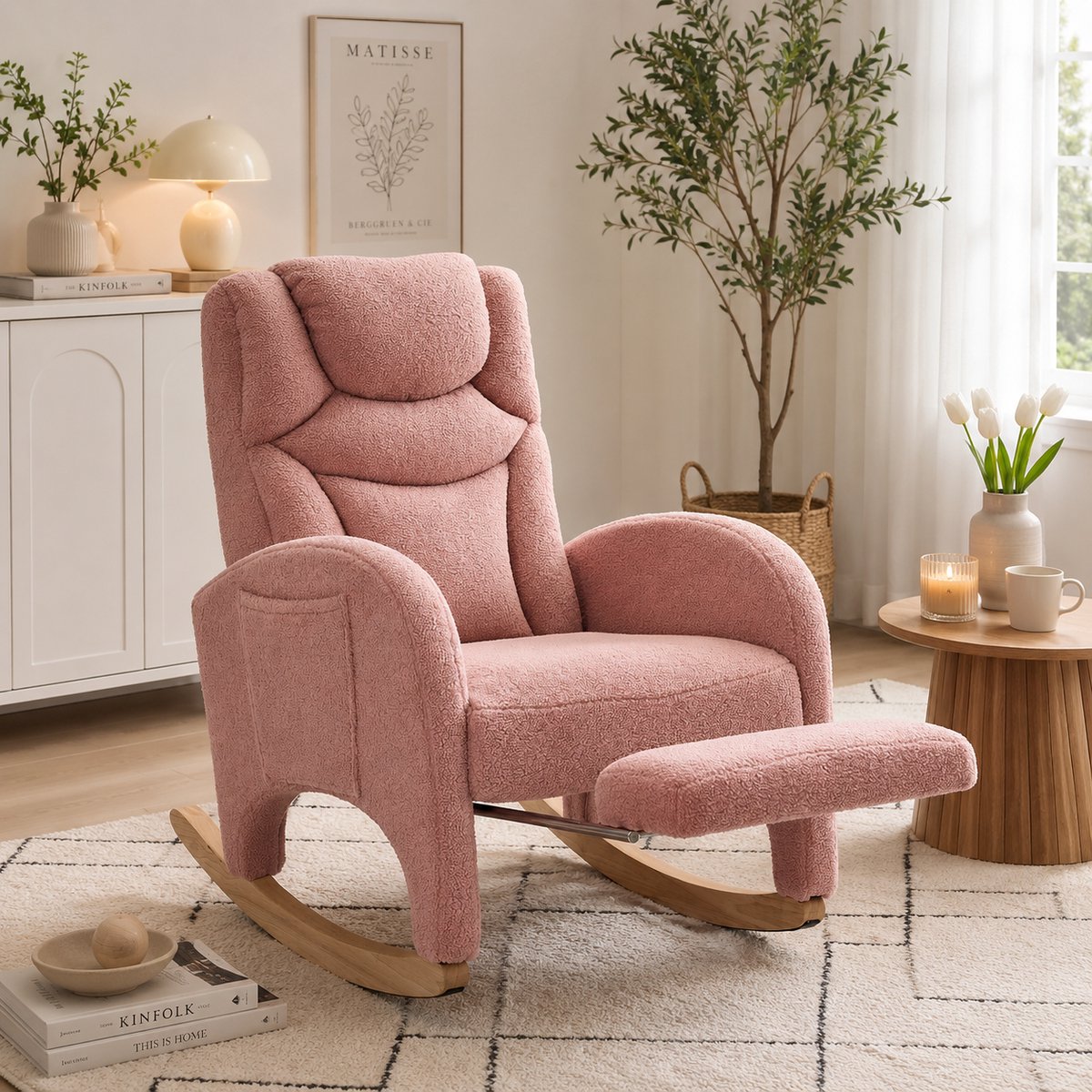 Schommelstoel Teddy Stof - Fauteuil, relaxfauteuil, loungestoel, met armleuningen, rugleuning, voetensteun, metalen frame, massief houten poten, Scandinavische stijl - roze