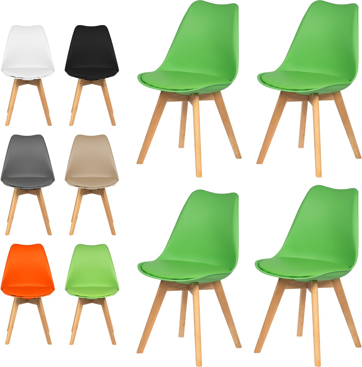 xDays Eetkamerstoelen Set van 4 Groen – Scandinavisch Design – Kuipstoel met PP Zitting en PU Leer Zitkussen – Houten Poten – Ergonomisch – Eettafelstoel – Bureaustoel – Kaptafelstoel – 120 kg Draagvermogen – Lichtgewicht