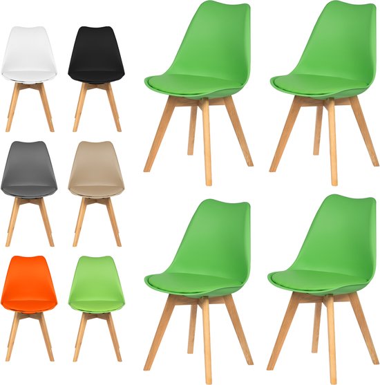 Een collage met acht stoelen in verschillende kleuren: wit, zwart, grijs, taupe, oranje en groen. Zes stoelen zijn in een groep weergegeven, en twee groene stoelen staan apart.