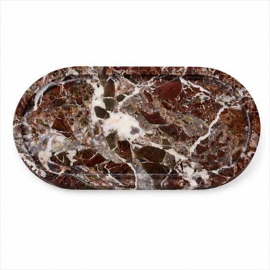 Ovaal dienblad van bordeauxrood marmer met witte, bruine en grijze aderen.