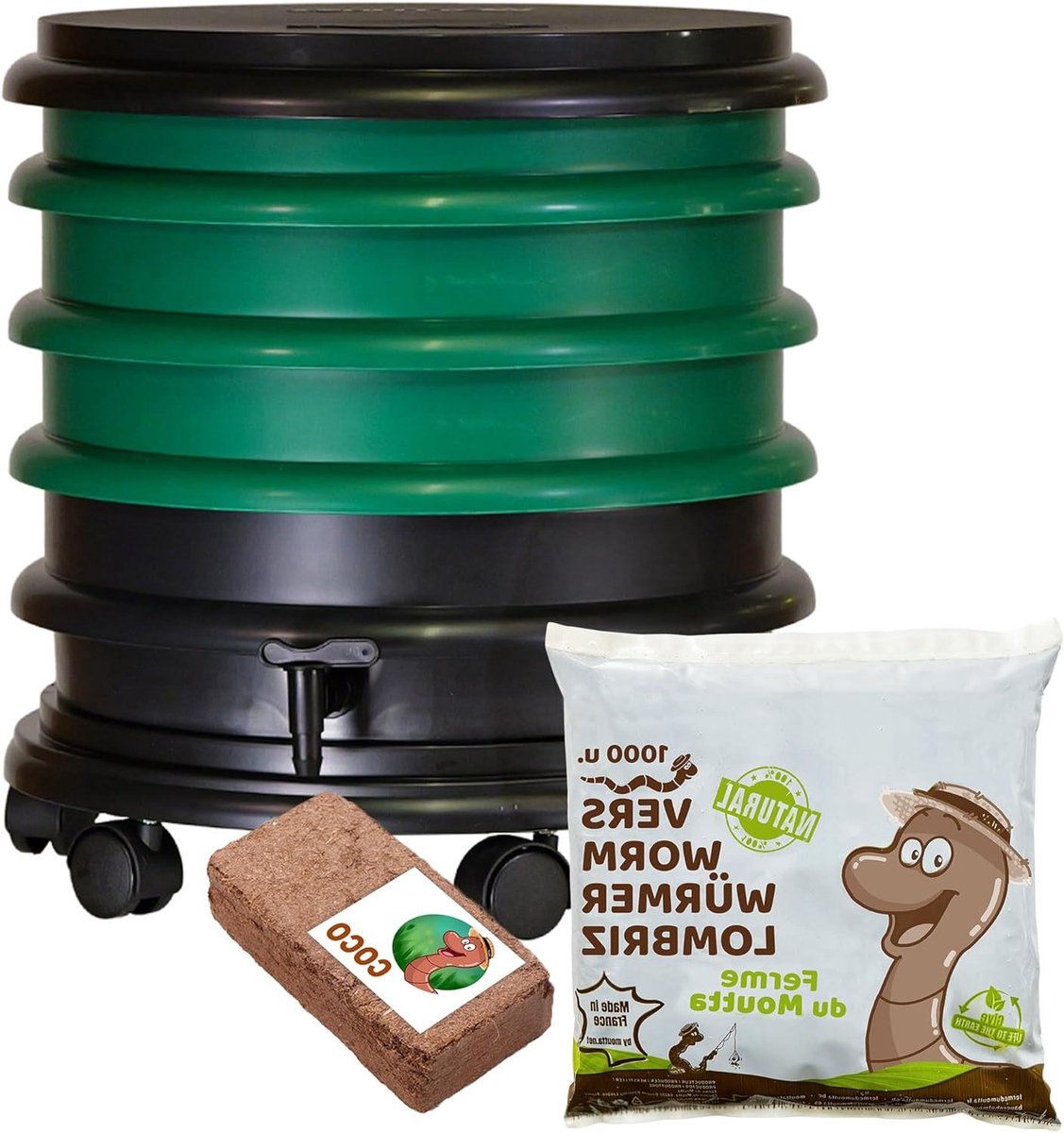 Wormenbak - Compostbak - Afval verwerken - 3 stapelbare bakken - 48 liter - Donkergroen